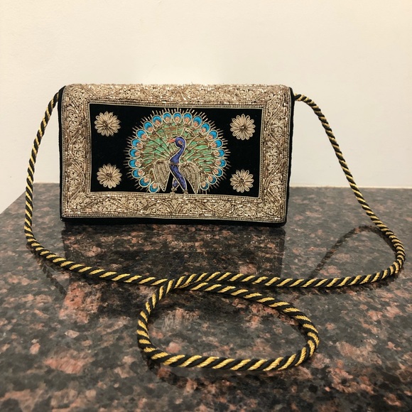 Vintage Black Velvet Peacock Beaded Cocktail Purse - Picture 2 of 7